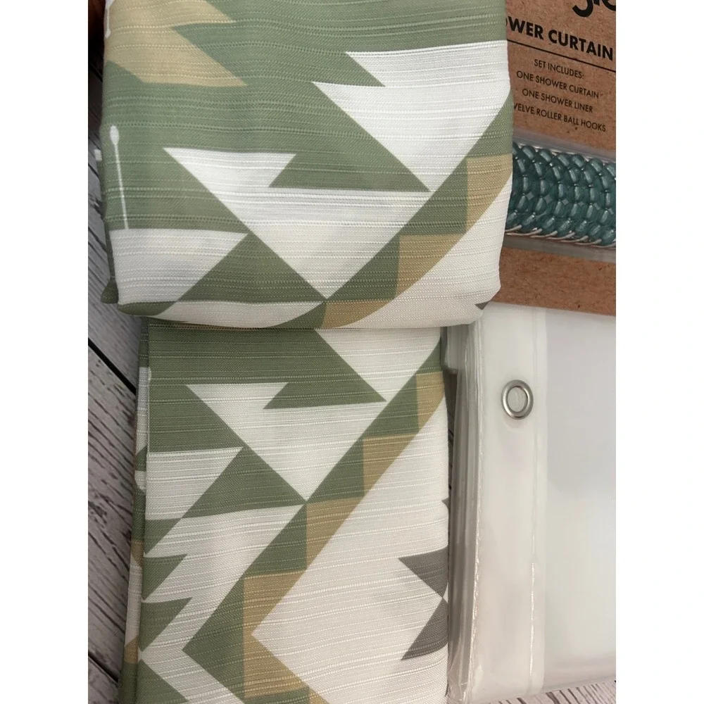 Wrangler Green Tan Shower Curtain Set 14pc Aztec Southwestern 72x72 NEW